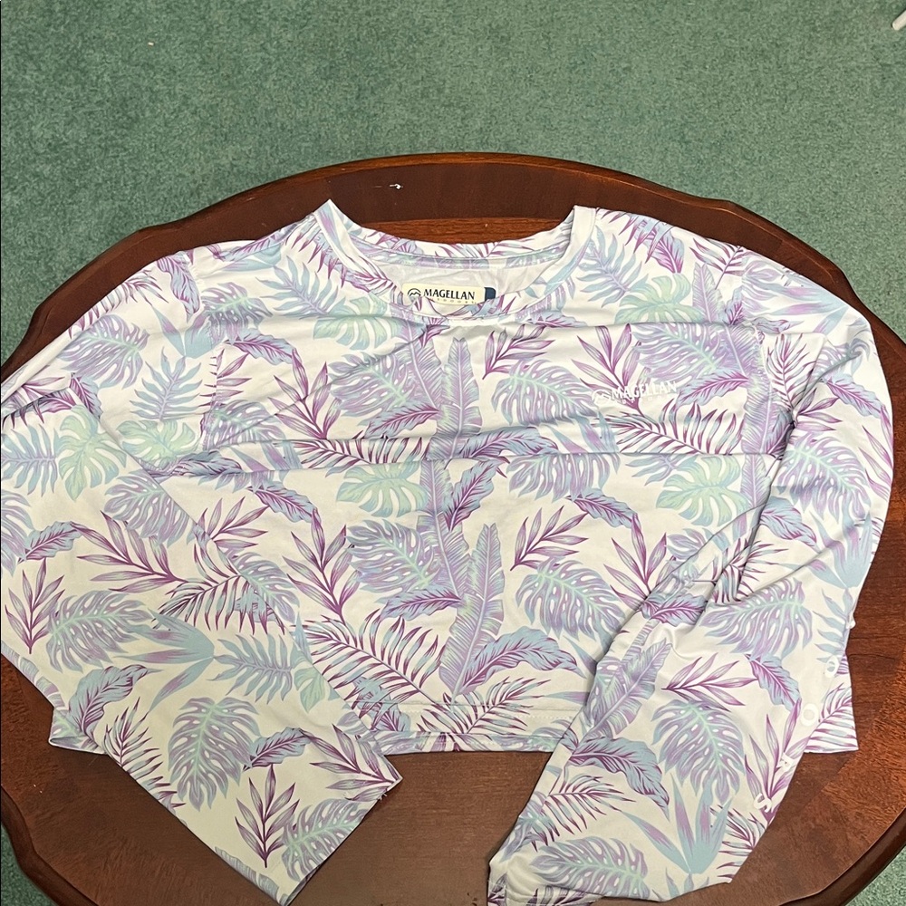 Magellan Outdoors Purple and Blue Leaf Print Top